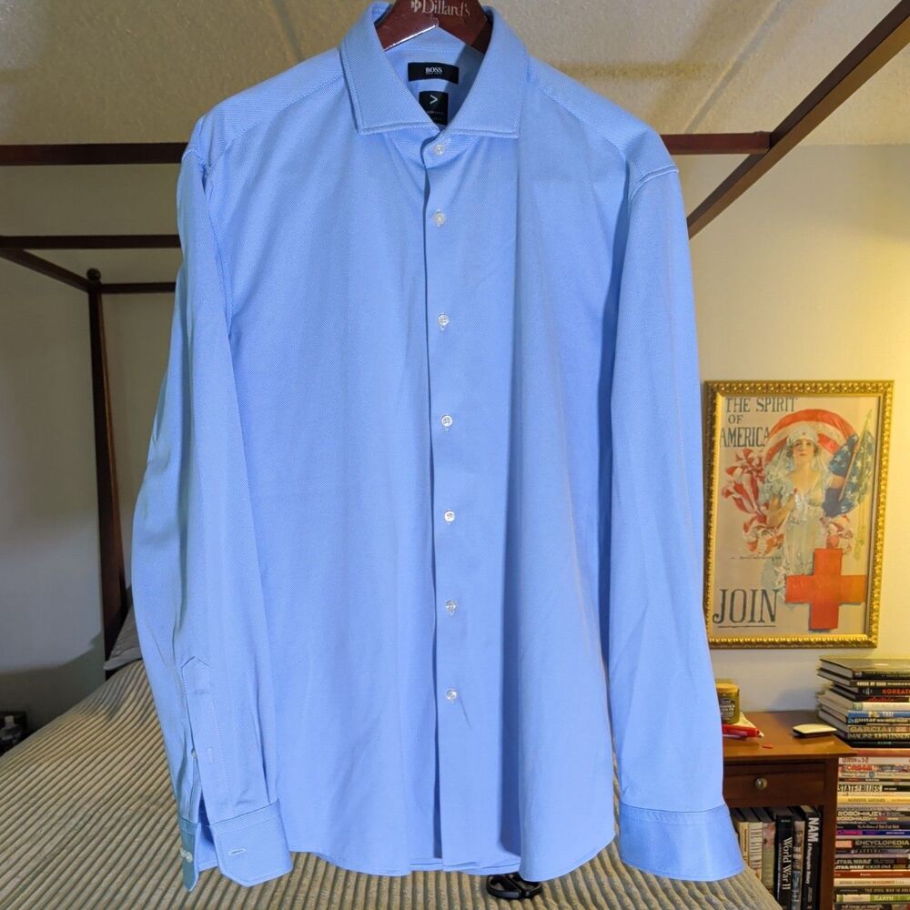 Hugo Boss Shirt Mens XL 17 XL 43 Blue Regular Fit Stretch Performance